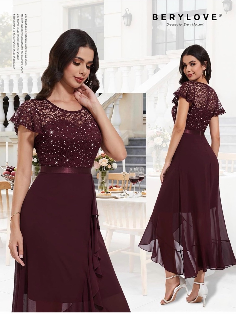 NWT Burgundy Lace & Sequin Midi Dress Chiffon skirt, Medium
